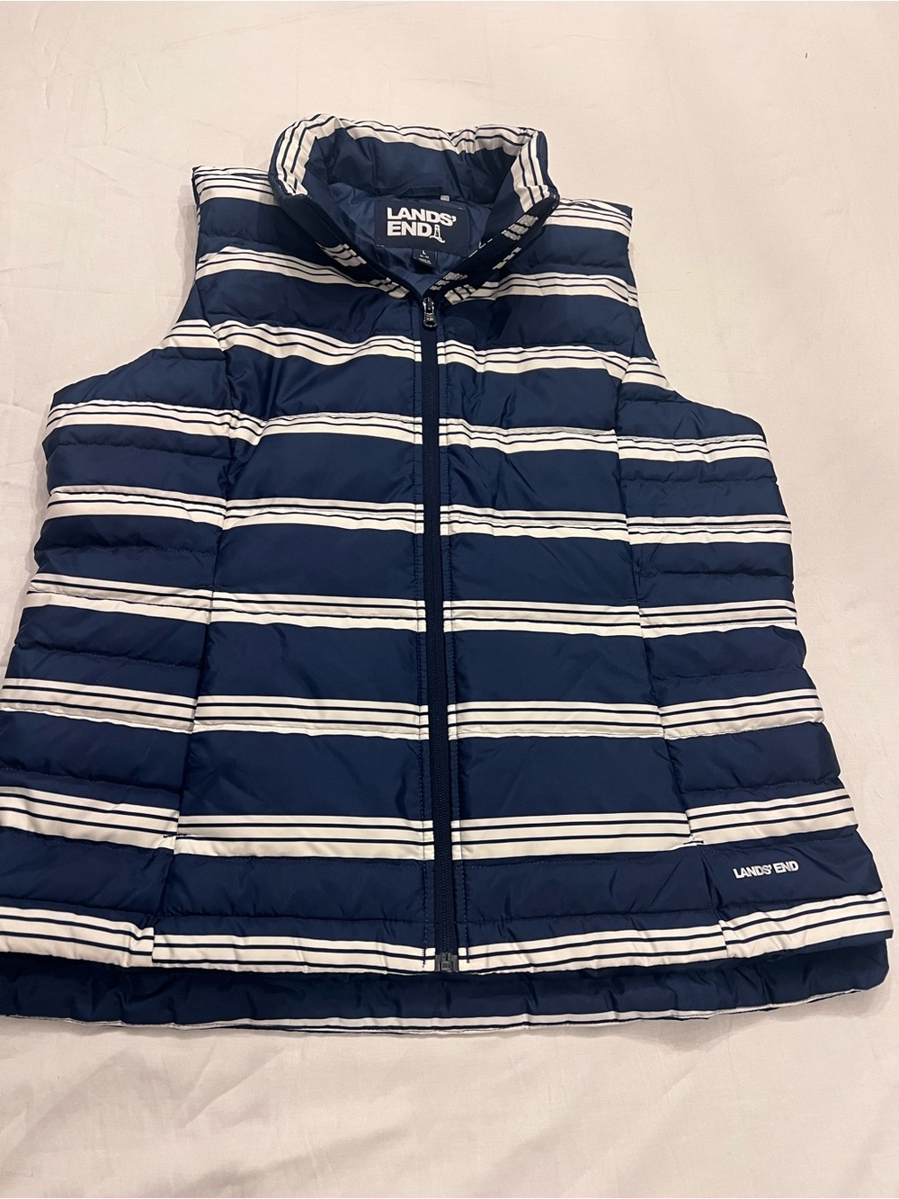 Lands' End Navy and White Striped Puffer Vest - Women’s L